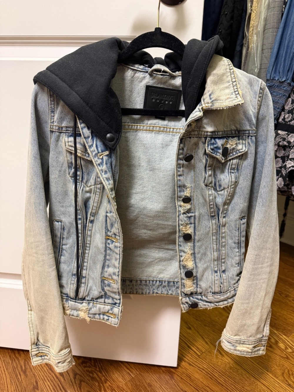 Blank NYC Light Wash Denim Jacket with Black Hood